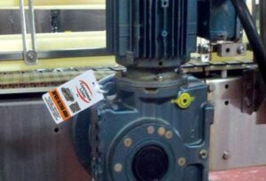 gearbox tagged to indicate appropriate industrial lubricant