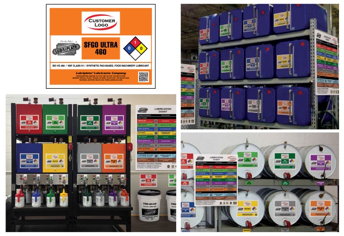 industrial lubrication storage tanks tagged and color coded