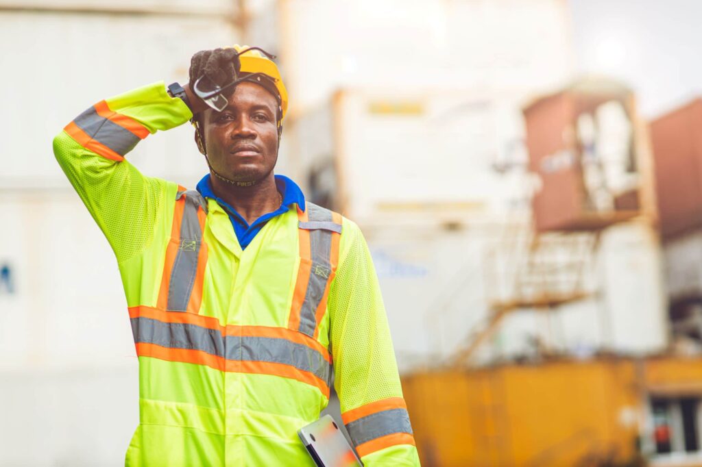 occupational heat stress - man working in hot conditions wiping brow to cool himself
