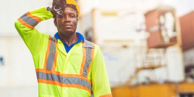 Man working in hot conditions wiping brow to cool himself