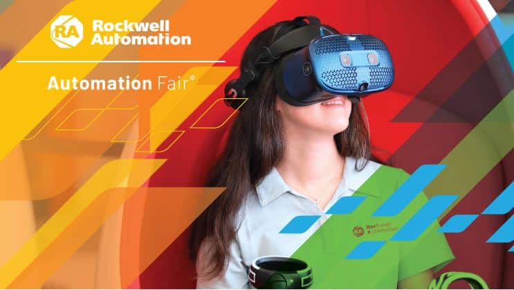 Rockwell Automation Fair image of a woman using VR googles. 