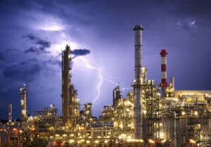 Factory with lightning storm