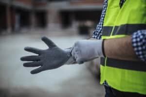 Worker in the field putting on gloves as part of his company's hand safety program