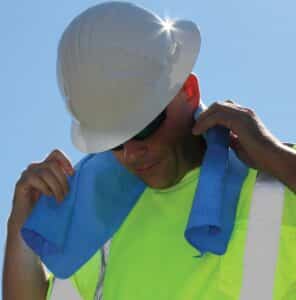 Cooling neck towel in use to beat summer heat