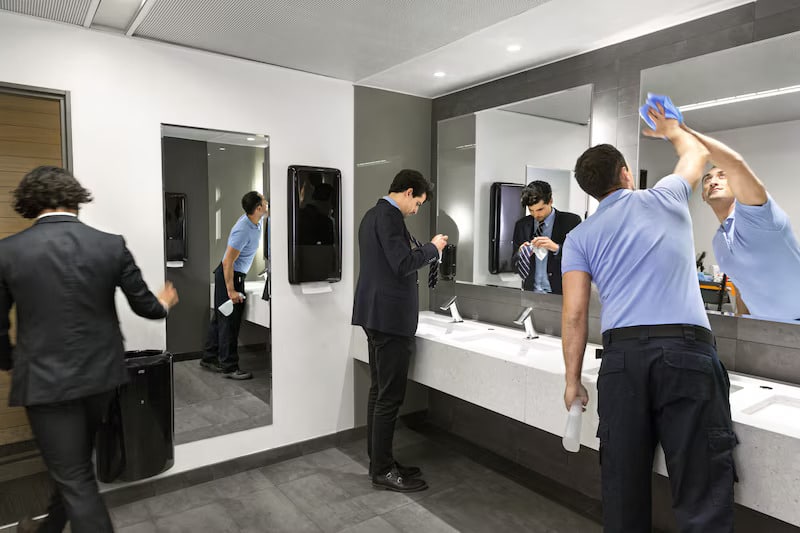 3 men in a public restroom where Tork Peakserve towel dispensers are being used. One is a maintenance man cleaning the mirror. Another is cleaning a stain off his necktie. A third is discarding a paper towel as he exits the bathroom. 