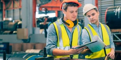 Two production workers collaborating to leverage agility in their manufacturing operations.