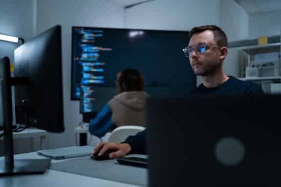 Cyber security specialist working on a computer