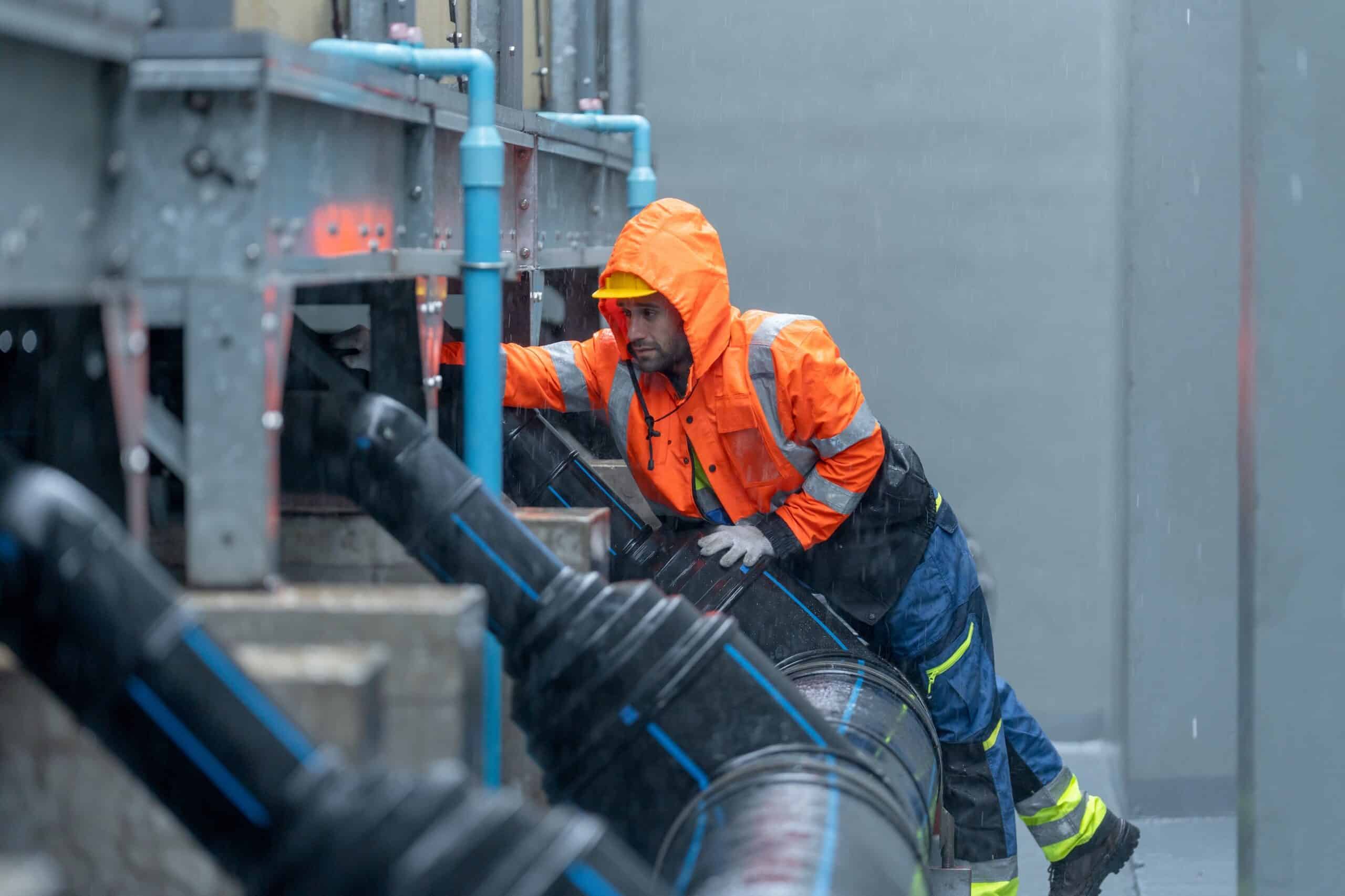 Facilities employee in industrial facility taking storm preparation measures.